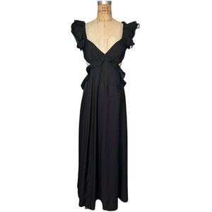Roselvelvet Elegant Black Dress with Ruffled Shoulders and Open Back Size M